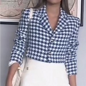 ZARA Blue and White Tweed Cropped Blazer, Size Large